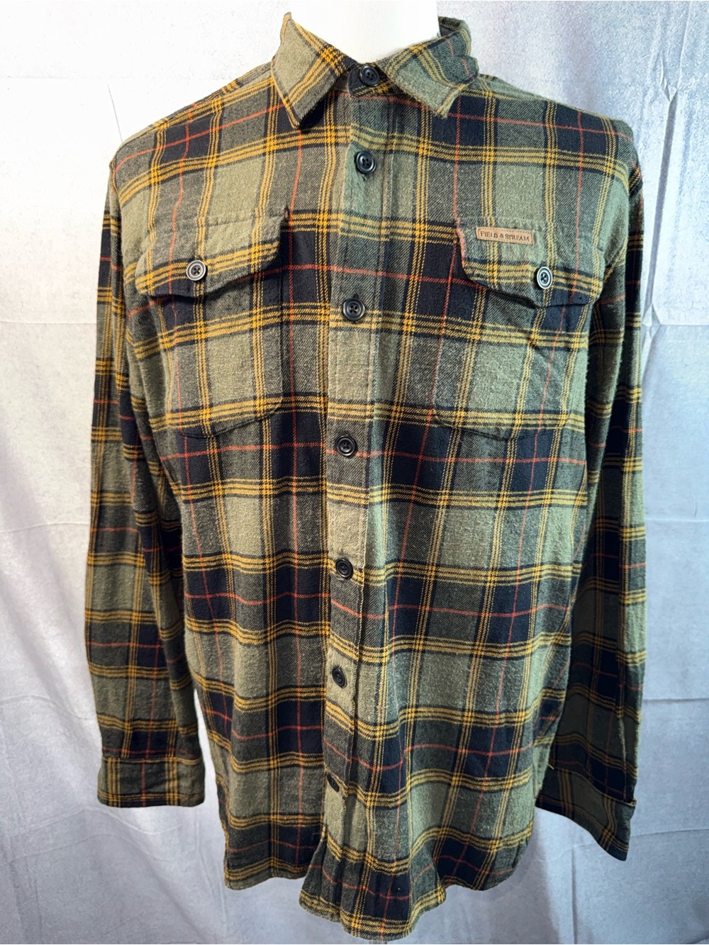1883-Field & Stream Olive Green Plaid Button-Front Shirt Jacket